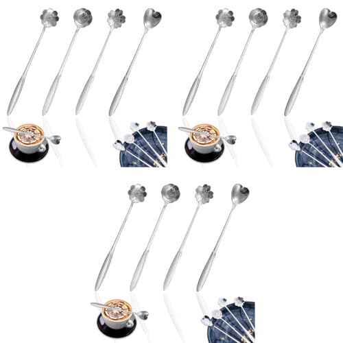 HASTHIP® 12PCS Silver Stainless Steel Coffee Spoon Set 18cm Gold Flower Design Multipurpose Tableware for Kitchen Tea Desserts Gifting