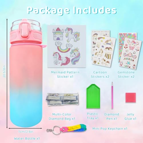 Supvox Girl Water Bottle - Kid DIY Water Bottle Gifts Set Cute Leak Proof Water Bottles with Rainbow Unicorn Stickers for Birthday School Picnic Outdoors for Girls Age 4-6-8-10 (600ml)
