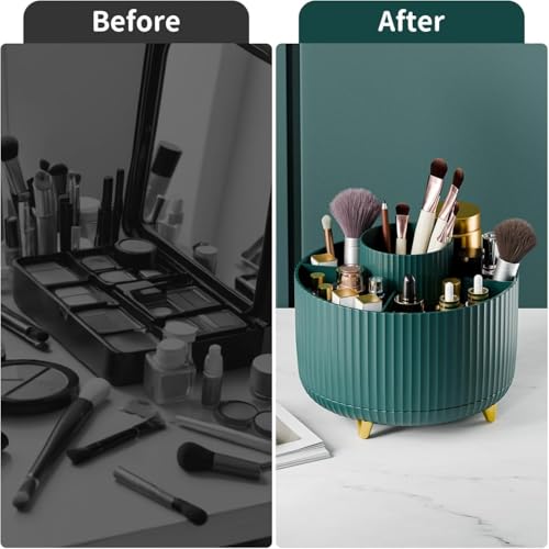 ZIBUYU® 360 Degree Rotating Makeup Brush Organizer 5 Compartment Desk Storage for Cosmetics Stationery Dressing Makeup Organizer Stand 15x15x12cm, Green