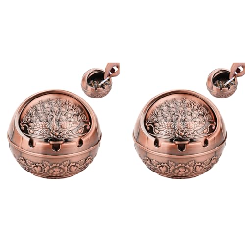 HASTHIP® Peacock Ashtray Retro Zinc Alloy with Closing Lid Decorative Embossing 3 Cigarette Holder Grooves Home Gift Car 10x10x9cm 2 PCS
