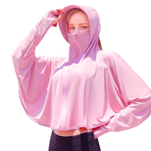 PALAY® Summer Jacket for Women, UPF 50+ Sun Protection Hoodie Jacket with Face Cover, Fashion Long Sleeve Zip Up Lightweight Cooling Shirt for Outdoor Riding, Hiking, Travel - Pink