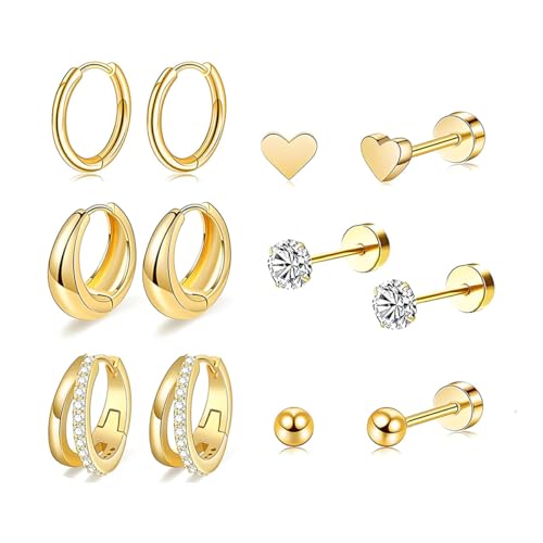 SANNIDHI® 6 Pairs Earrings Set for Women Girls Stylish Gold Hearts Rhinestone Stud Earring Stainless Steel Cartilage Hypoallergenic Flatback Earrings Combo Set for Multiple Piercing