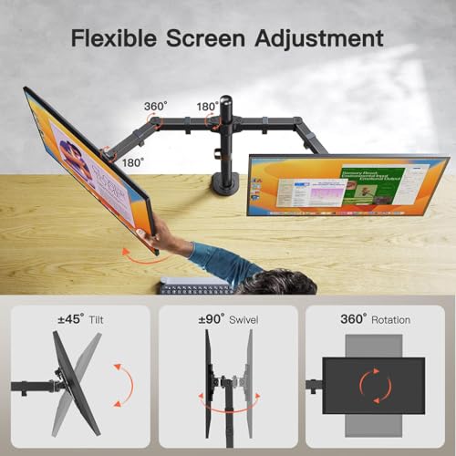 ZIBUYU® WALI Dual Monitor Desk Mount Stand For 2 Screens Up To 27 Inch, Max 22lbs Per Arm, Fully Adjustable Heavy Duty, 360° Rotation, Ergonomic Space Saving, C-Clamp/Grommet, Office/Home/School, M002, Black
