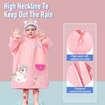 SNOWIE SOFT® Hooded Raincoat for Kids Wide Brim Raincoat for Kids 3-4 Years EVA Student Kids Rain Coat for Girls with School Bag Rain Cover Unicorn Print, Recommended Height 115-125cm, L