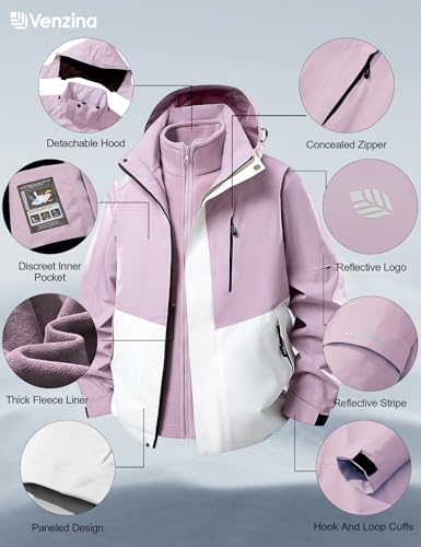 Venzina® Women's 3-in-1 Waterproof Windproof Jacket with Detachable Fleece Liner for Winter, Hiking, Travel & City Commute, Purple-XL