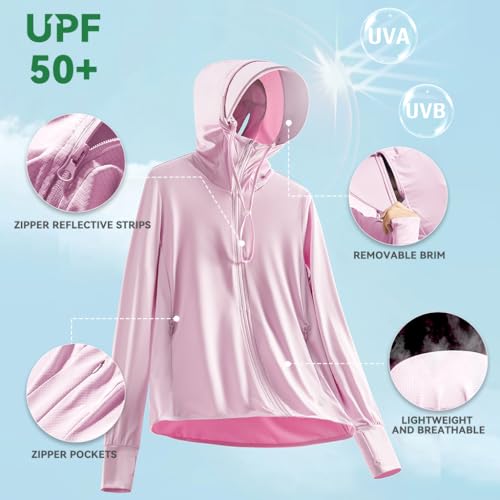 Venzina® Women's UPF 50+ Sun Protection Jacket Lightweight Sunscreen Hoodie for Hiking Outdoor Long Sleeves Sun Shirt Cooling UV Clothing with Pockets, Pink Purple, M