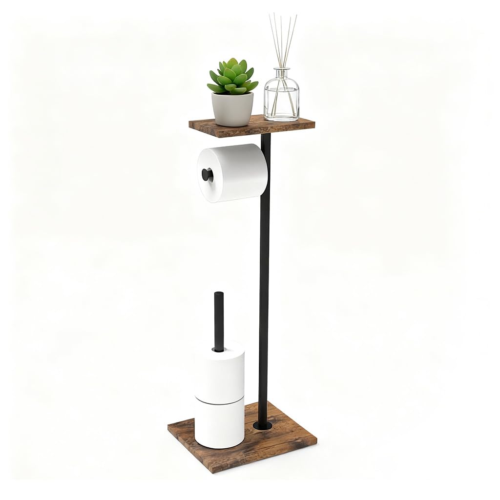 HASTHIP Toilet Paper Roll Holder for Bathroom with Top Storage Shelf 20x24x65cm | Wood and Metal Free Standing Organizer