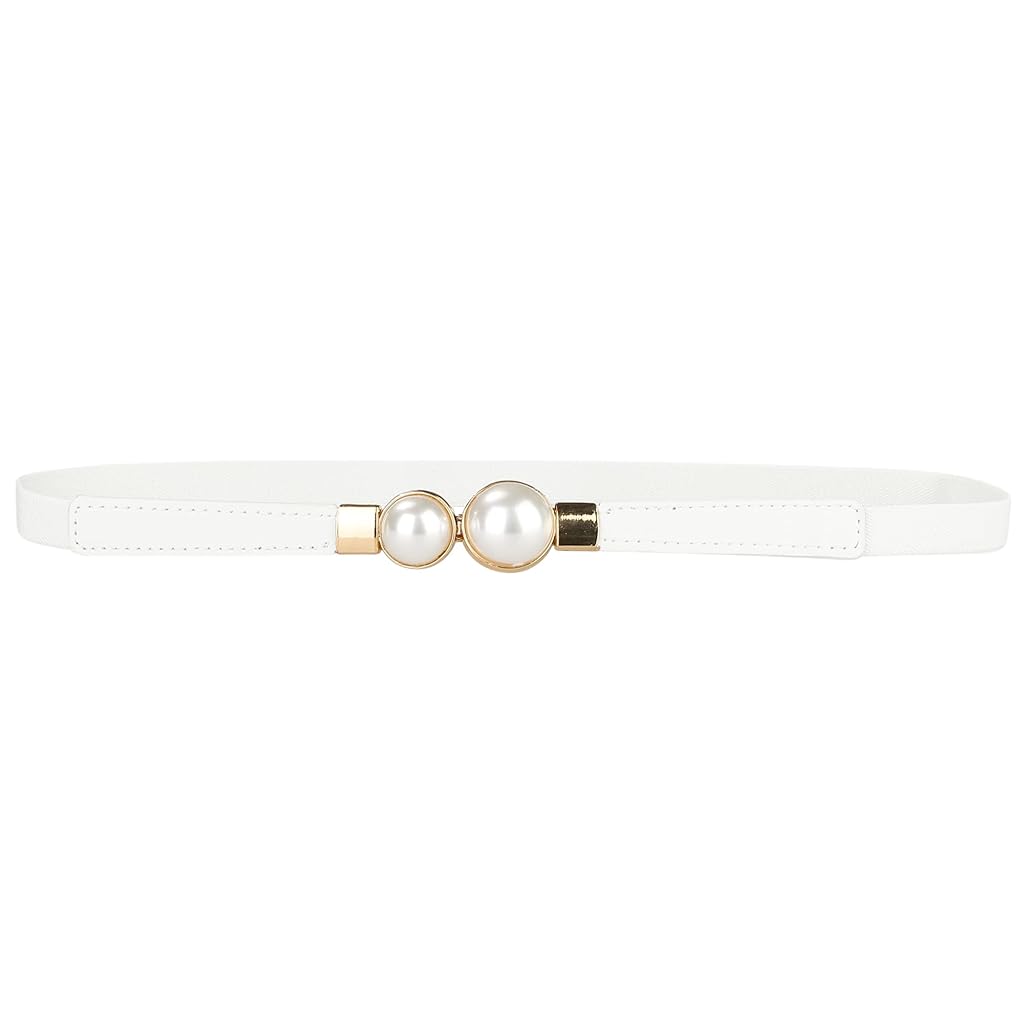 ZIBUYU® Women Skinny Stretchy Waist Belt, Gold Pearl Buckle Elastic Thin Waistband for Dress-White