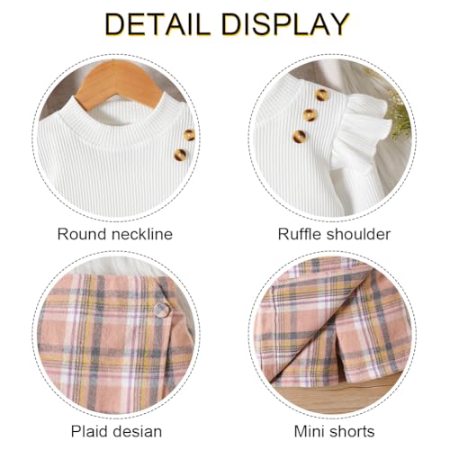 PALAY® Baby Toddler Girl Clothes Kit Girls Set of 2Pcs Top and Shorts Long Sleeve Ruffle Shirt Base Top and Plaid Skirt Shorts for Girls 3-4 Years Old, Size 110cm