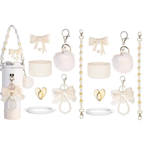 HASTHIP® Stanley Cup Accessories, Stanley Bottle Fashion Accessories & Straw Cover Charm Kit Set of 16PCS for 40oz/30oz, Decorative Charm, Silicone Bottom Boot, White