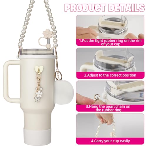 HASTHIP® For Stanley Cup Accessories Charm Kit Set 21PCS Sakura Silicone Straw Cap White Pearl Chain Handle Bottom Sleeve Cup NOT Included