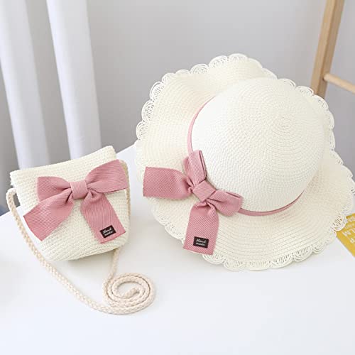 SNOWIE SOFT® Summer Straw Hat for Girls Ruffled Brim Hat Sun Straw Bow Hats Beach Hats with Straw Woven Zipper Pouch for Girls 4-6 Years Old Travel Outdoor Hat, Beige