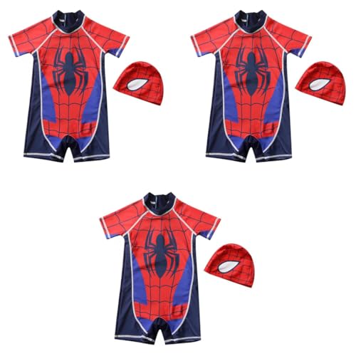 SNOWIE SOFT® Boys Swimsuit Swimming Cap Set Short Sleeve Superhero Print Stretchy One-Piece Suit UPF 50+ Aged 3-4 3 PCS