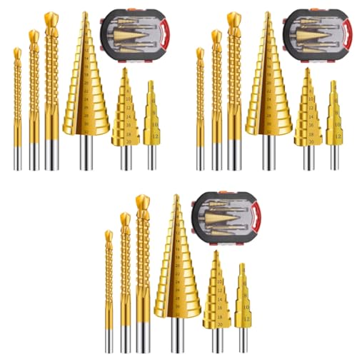 Serplex® 18PCS Step Drill Bits Set Included 3 Sizes of Step and 3 Sizes of Twist for Hole Drilling Metalworking Woodworking with Plastic Storage Box Stepped Up for DIY