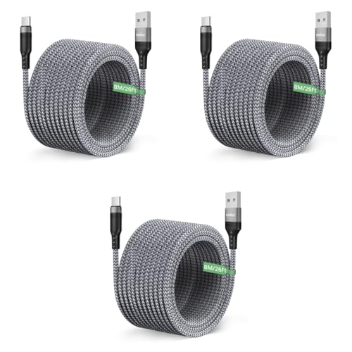 Verilux® 8M 26Ft Type C Cable 10W USB A to C Charging Ultra Long Compatible with Phone Tablet PS5 More Devices Grey 3PCS