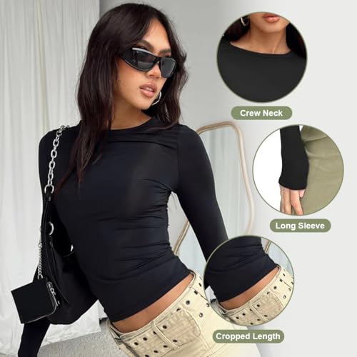 PALAY® Fashion Women Basic Top Stretchy Long Sleeve Basic Layer Clothing Crew Neck Crop Tops Y2K Tops Slim Fitted Top for Girls Base Layer, Size M