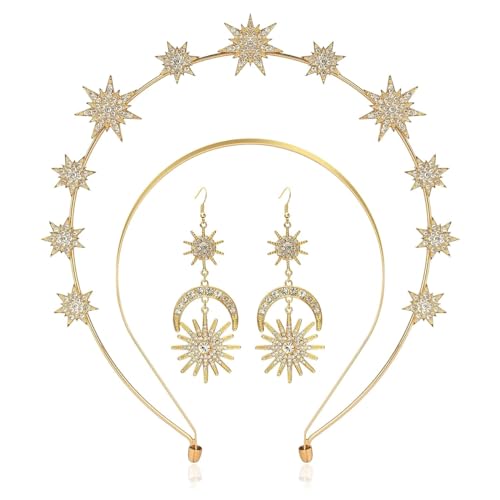 PALAY® Halo Crown for Women Queen Goddess Headband Stars Crystal Tiaras with Crescent Earrings Set, Double Layer Gold Metal Crown Hairband for Girls Party Wedding Cosplay