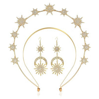 PALAY® Halo Crown for Women Queen Goddess Headband Stars Crystal Tiaras with Crescent Earrings Set, Double Layer Gold Metal Crown Hairband for Girls Party Wedding Cosplay