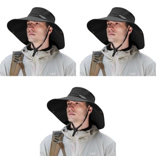 Proberos® UPF50+ Sun Hat for Men Women Lightweight Quick-Dry Booney Hat with Breathable Mesh Wide Brim Chin Strap Waterproof UV Protection for Fishing Hiking Travel Outdoor Adventures 3PCS Black