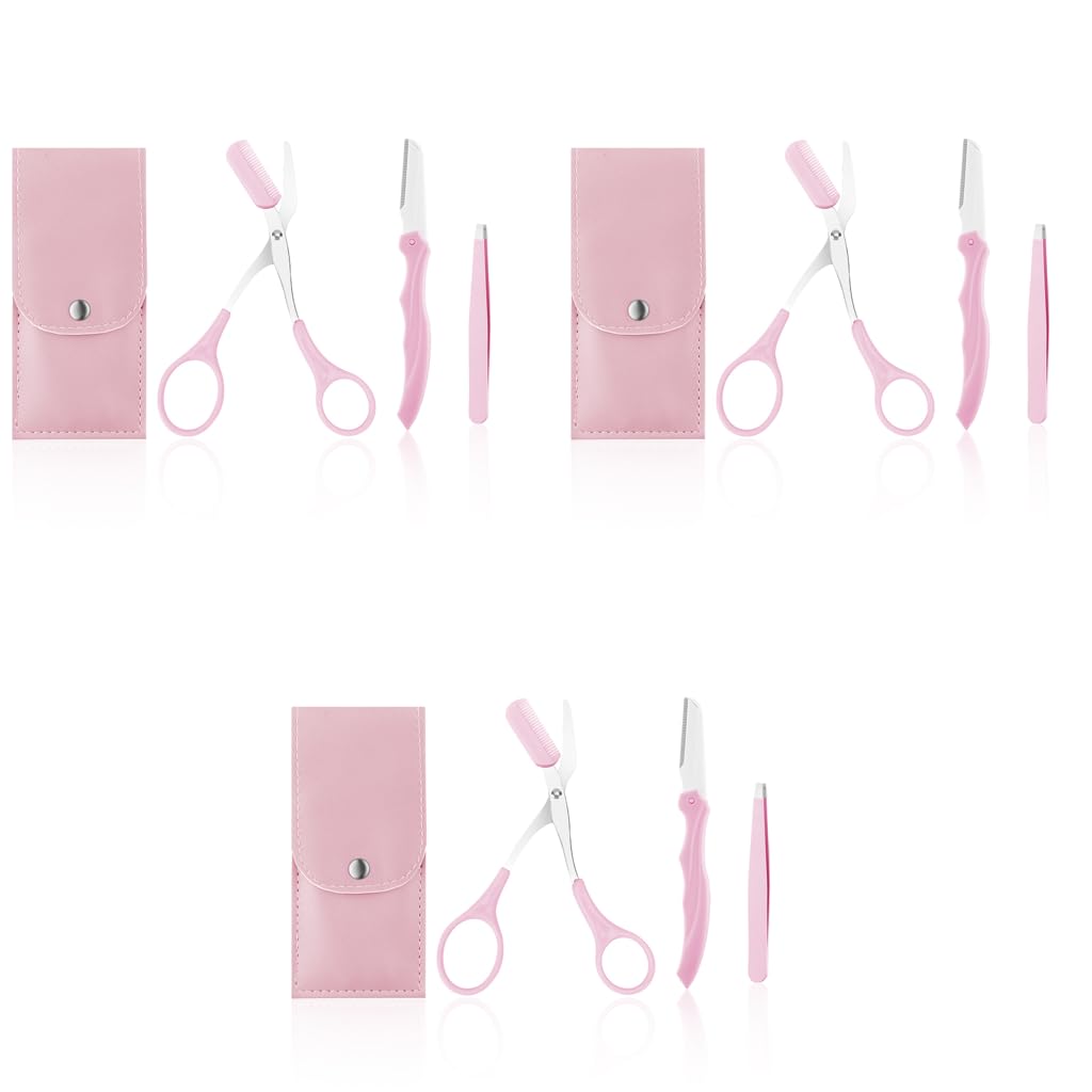 MAYCREATE Eyebrow Grooming Kit with 9PCS Stainless Steel Tools and Folding Razor | Pink Case