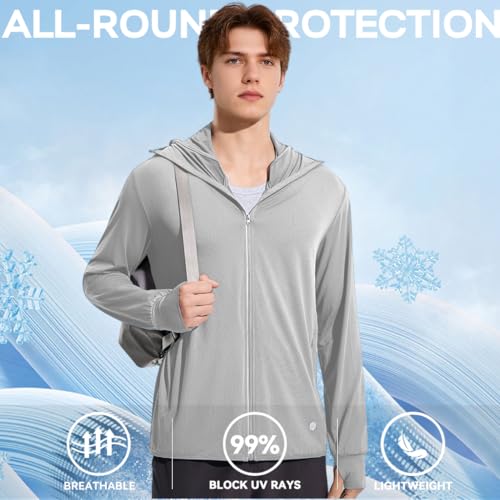 Venzina® UPF 50+ Sun Jacket for Men Lightweight UV Sun Protection Hoodie with Chin Strap, Quick Dry Sunscreen Clothing Long Sleeve Sun Shirts for Hiking Fishing, Light Gray, L