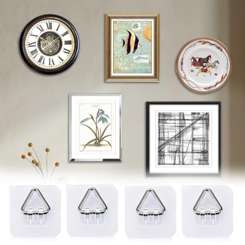 HASTHIP® 40PCS Wall Plate Hanger Display Holder Self Adhesive Plates Hanging Hook for Displaying 2.4 Inches Triangle Stainless Steel Hooks Home Decoration