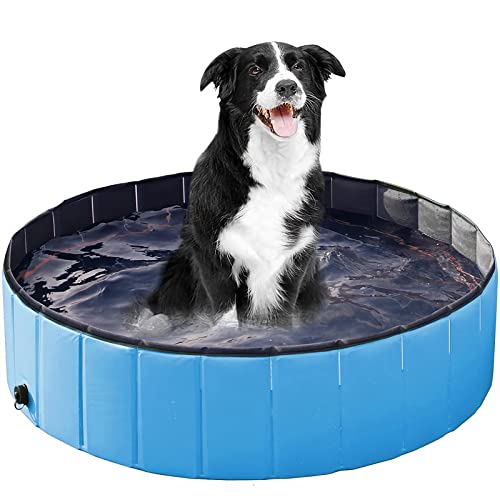 Qpets® 80cmx30cm Foldable Swimming Pool for Dogs, Kids Bath Tub, Pets Bath Pool PVC Collapsible Dog Pet Pool Bathing Tub Pool for Dogs Cats Pet Bath Bucket for Outdoor/Indoor Bathing