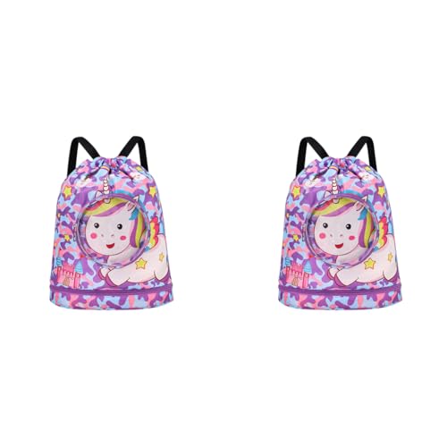 Proberos® Drawstring Backpack Girls Waterproof Swimming Bags with Shoe Compartment Colorful Unicorn Print Polyester Travel Activitiy Bag 2PCS
