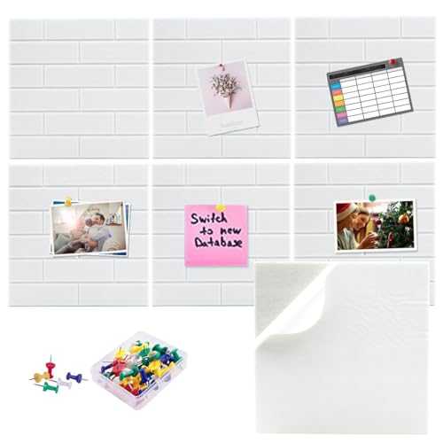 OFIFO® 6Pcs Felt Black Boards with 50 Drawing Pins, 30x30cm Self Adhesive Wall Brick Pattern Felt Board Utility Felt Board for Photo, Memo, Reminder Notes (White)