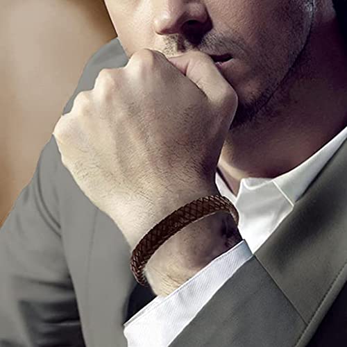 ZIBUYU® Bracelet For Men Stylish Latest Fashion Leather Hand Boys Steel Alloy Magnetic Clasp Braided Genuine Wrist Band 8.46 Inch Brown 3 PCS