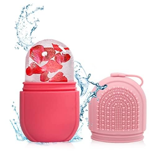 MAYCREATE Ice Face Roller Ice Cube Mold With Cleansing Brush, Anti-Leak Silicone Ice Roller for Face Massage, Beauty Ice Facial Roller for Eliminate Edema, Tighten Skin, Women Skincare Gift (Pink)