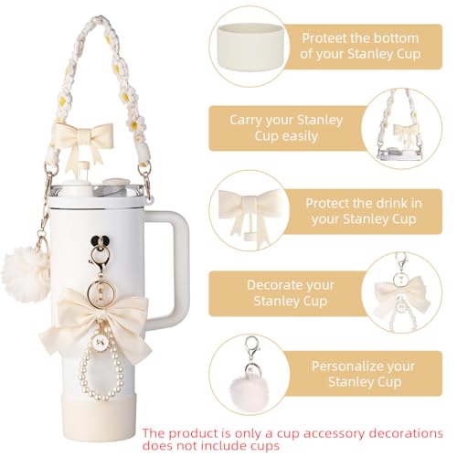 HASTHIP® Stanley Cup Accessories, Stanley Bottle Fashion Accessories & Straw Cover Charm Kit Set of 8Pcs for 40oz/30oz, Decorative Charm, Silicone Bottom Boot, White 24 PCS