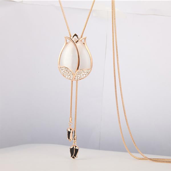 Zibuyu Rose Gold Opera Necklace for Women with Opal Tulip Pendant and Rhinestones | Elegant Accessory for Gowns and Dress Shirts