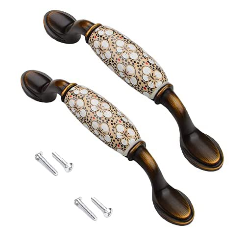 HASTHIP 2PCS Ceramic Door Handle Gold Antique Finish, Zinc Alloy Antique Bronze Plated for Wood Wardrobe Cabinet Drawer Home Decoration with Screws (Size 5.67 Inch, Yellow Flower Hand Painted)