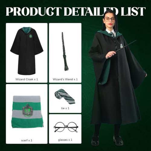 PATPAT® Nylon Harry Potter Costume Cloak Cosplay Robe for Women Men House of Slytherin Set with Tie Wand Round Glasses Magic Wizards Halloween Teens Adults M 3PCS