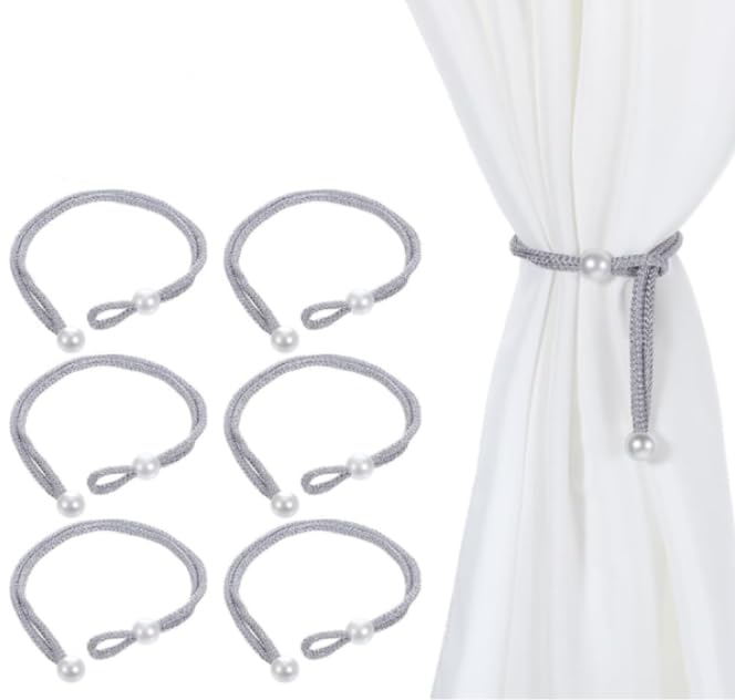 ZIBUYU® 6pcs Tie Backs for Curtains,Adjustable Grey Tie Backs with Pearl