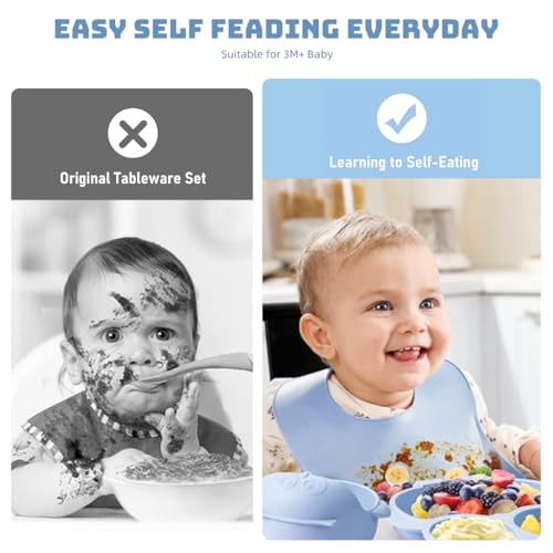 SNOWIE SOFT® Baby Feeding Set 30PCS Food Grade Toddlers Silicone Plate Sipping Cup Bowl with Bib Cutleries Self-Feeding Tableware Sterilizable Blue