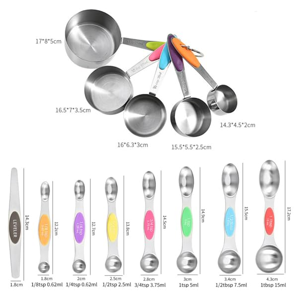 HASTHIP Measuring Cups and Spoons Set for Baking with Natural Wood Handles | 13‑Piece 304 Stainless Steel Kitchen Set