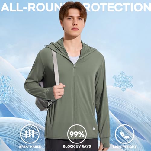 Venzina® UPF 50+ Sun Jacket for Men Lightweight UV Sun Protection Hoodie with Chin Strap, Quick Dry Sunscreen Clothing Long Sleeve Sun Shirts for Hiking Fishing, Green, L