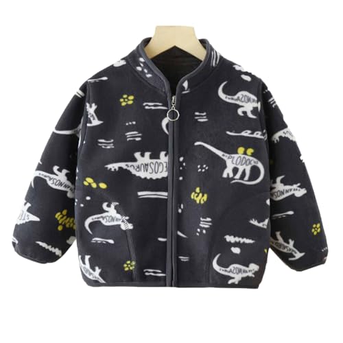 SANNIDHI® Kids Fleece Jacket Zip-up Fashion Cartoon Dinosaur Print Fleece Jacket, Zip-Up Warm Coat with Stand Collar, Long Sleeve Winter Outerwear for Boys & Girls, Black - 140