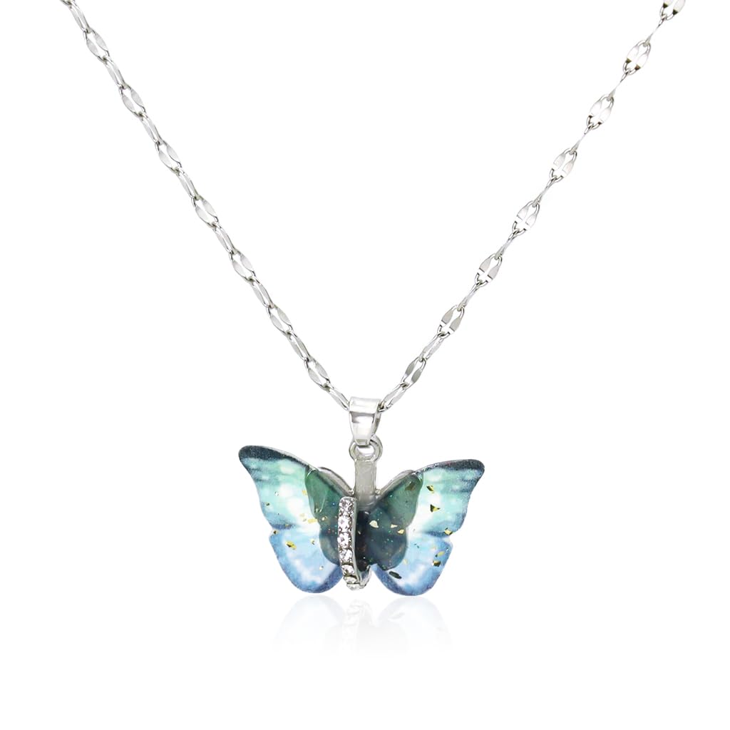 Zibuyu Butterfly Necklace for Women featuring Blue Cubic Zirconia and Adjustable 15.75+3.94 in Titanium Steel Chain