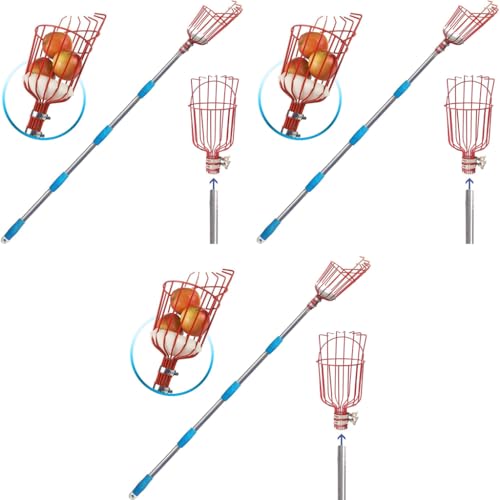 HASTHIP® 190cm Fruit Picker with Basket and Telescopic Pole, Plucker for Coconut, Mango and More, Easy to Use Catcher Tree 3 PCS