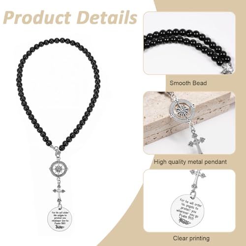 STHIRA® Guardian Angel Cross Car Mirror Hanging Charm with Psalm Verse Beaded Stainless Steel Compass Pendant for Rear Mirror Spiritual Accessories Interior Decor Ideal Gift 2PCS