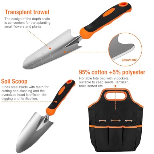 HASTHIP Gardening Tools Set of 7Pcs Heavy Duty Stainless Steel Garden Planting Tools Home Gardening Tool Set with Pruning Shear, Gardening Fork, Trowel, Shovel, Weeder Tool, Seeding Tool, Tool Bag