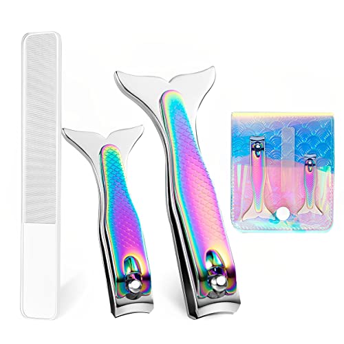 MAYCREATE® Nail Clippers Set Stainless Steel Nail Clippers for Finger Nail Toe Nail Set of 3 Mermaid Design Nail Clippers with File Travel Nail Clippers Set Gift Nail Clippers with Storage Pouch