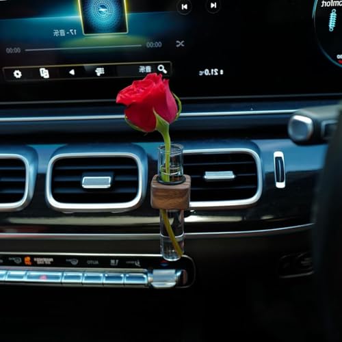 STHIRA® Car Flower Tube Vase, Air Vent Hydroponics Tube, Wooden Bracket with Back Clip, Decorative Dried Flower PC Vase Car Ornament, Pack of 2