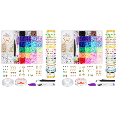 SANNIDHI® Clay Beads for Bracelet Making Kit 12000PCS 24-Color Flat Polymer Set with Letter Heart Smile Face Gold Charms Tools Jewelry DIY Crafts Gift for Girls Women
