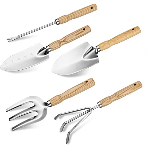 HASTHIP® Gardening Tools Set of 5Pcs Stainless Steel Gardening Tools, Includes Gardening Shovel, Digging Spade with Laser Etched Scale, Pitchfork, Mini Hand Rake, Weeder, Wooden Handle Design