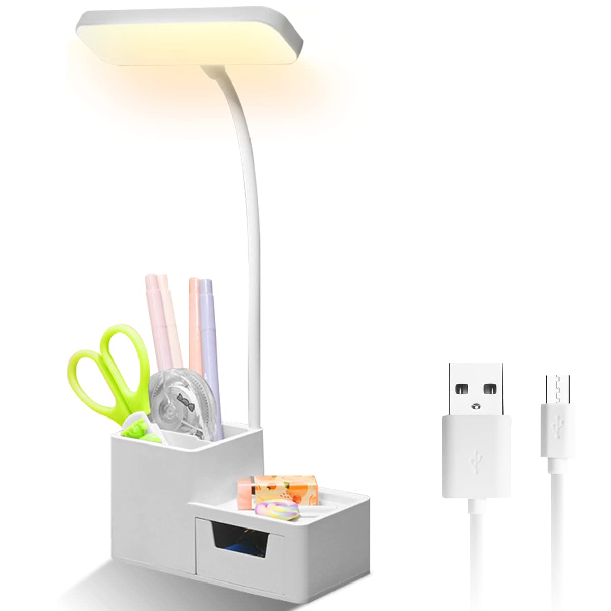 ELEPHANTBOAT Table Lamp for Study LED Light 2500mAh with Dual Pen Holder Flexible Gooseneck Night Study Lamp for Students Multifunction with Phone Stand and Storage Reading Lamp