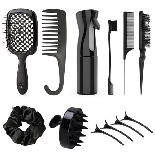 MAYCREATE 12Pcs Hair Brush Set, Detangler Hair Brush for Women Toddlers, Hair Comb with Hair Spray Bottle, Soft Scalp Massager, Eyebrow & Lash Comb, Sectioning Clips, Wide Tooth Combs for Girls Boys